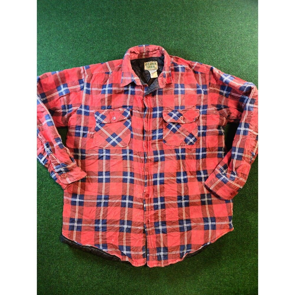 Vtg Ozark Trail Flannel Shirt Jacket Mens L Plaid Quilted Lining Work Red Blue